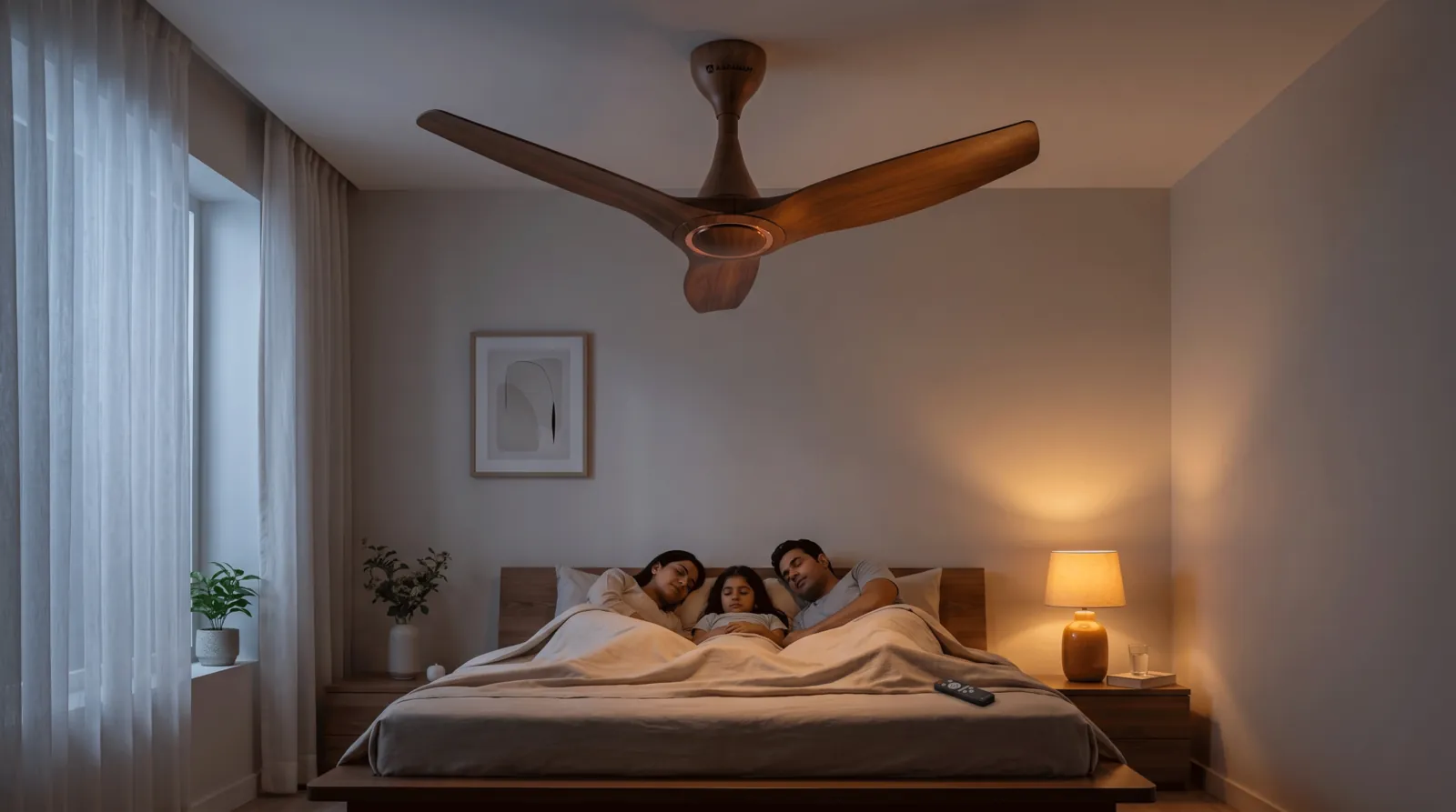 Indian family sleeping peacefully at night under a whisper-quiet wooden Aapanam Vixa BLDC ceiling fan, warm bedside lamp glow