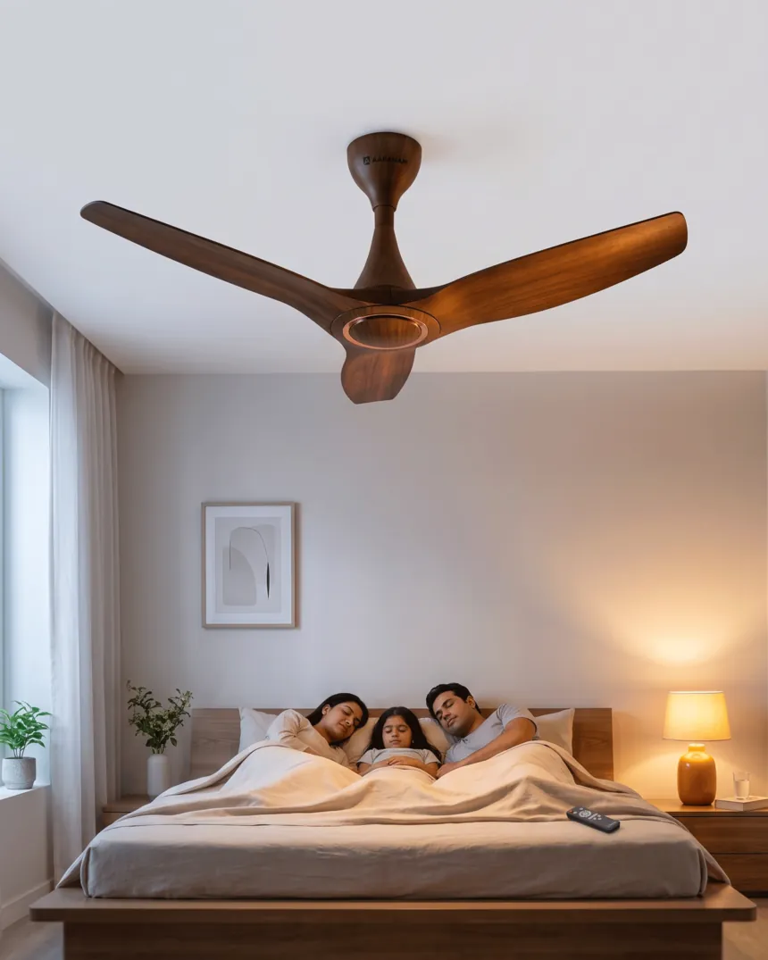 Indian family sleeping peacefully at night under a whisper-quiet wooden Aapanam Vixa BLDC ceiling fan, warm bedside lamp glow